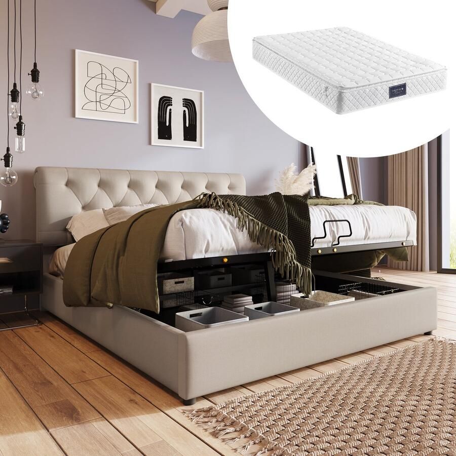 Merax Gestoffeerd Tweepersoonsbed 160x200cm met Koudschuim Matras Luxe Bed met Verstelbaar Hoofdbord Bedframe met Hydraulische Opbergruimte Beige