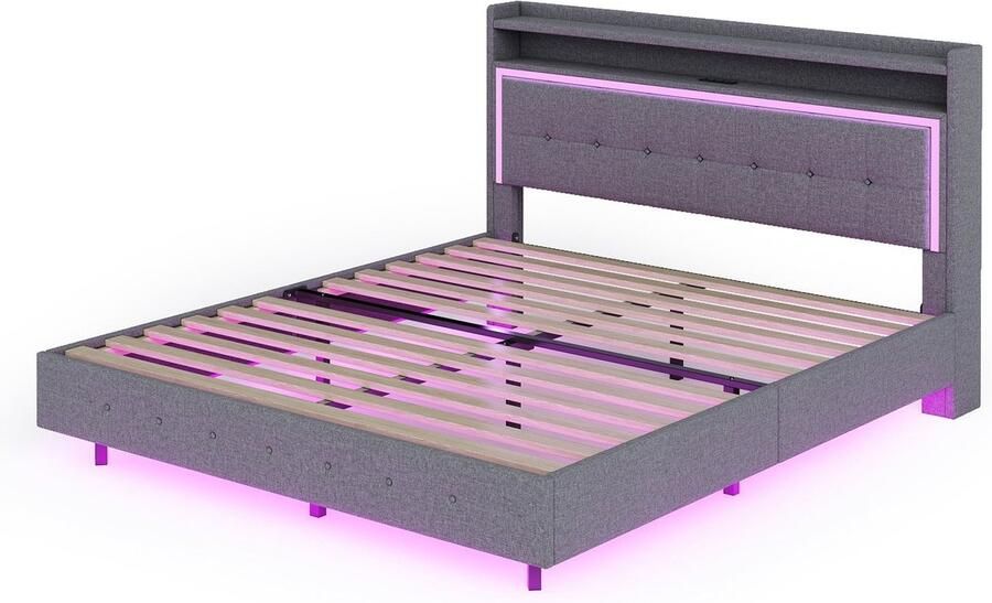 Merax Gestoffeerd Tweepersoonsbed 160x200cm met USB-C Aansluiting en LED Verlichting Moderne Bed met Versteekte Voeten en Stabiel Metalen Frame Grijs