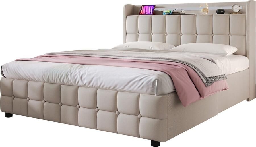 Merax Tweepersoons Opbergbed 180x200 cm met USB Oplaadfunctie LED Verlichting en 4 Lades Beige (Zonder Matras)