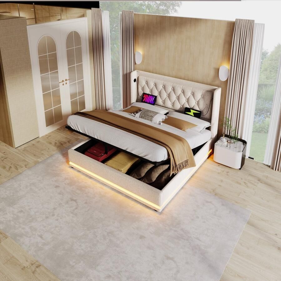 Merax Polsterbett Doppelbett 180*200 cm Beige Baumwolle-Material Hydraulisches Stauraumbett gepolstertes Kopfteil mit USB Typ-C Ladefunktion 3-seitige LED-Funktion(Ohne Matratze)