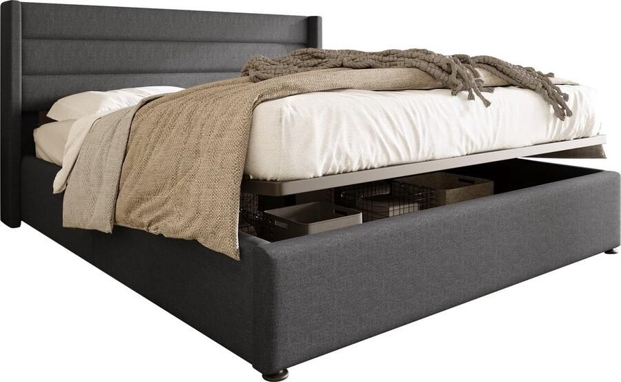 Merax Gestoffeerd Tweepersoonsbed – 180x200 cm – Grijs Linnen – Bed met Hydraulische Opbergruimte – Metalen Frame
