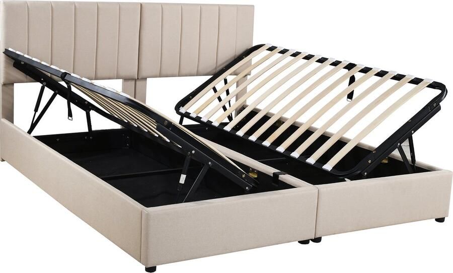 Merax Gestoffeerd Bed 180x200 cm Hydraulisch Opbergbest Bed Hautvriendelijk Linnen Multifunctioneel Dubbelbed Beige