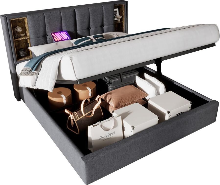 Merax Gestoffeerd Tweepersoonsbed 140x200 cm – Grijs – Bedframe met Draadloos Opladen en USB-C – Hydraulisch Lattenbodem met Opbergruimte – Zonder Matras