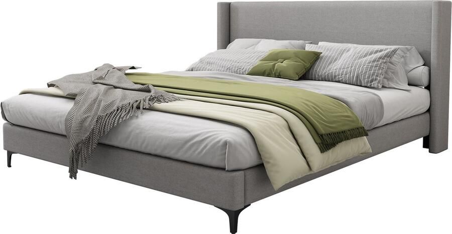 Merax Gestoffeerd Tweepersoonsbed 180x200 cm – Met Lattenbodem en Hoog Gevoerd Hoofdbord – Linnen Grijs