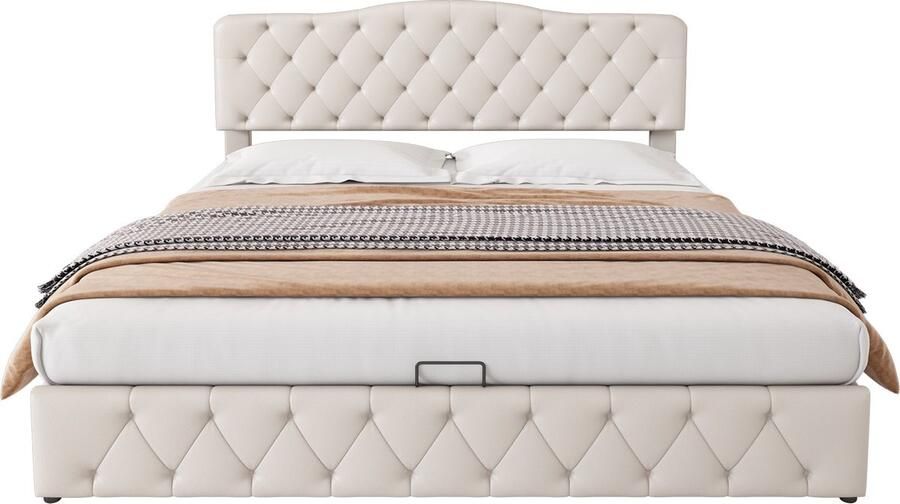 Merax Gestoffeerd Tweepersoonsbed 180x200 cm – Wit Kunstleer – Kingsize Bed met Verstelbaar Hoofdbord en Opbergruimte onder Hydraulische Lattenbodem - Foto 2