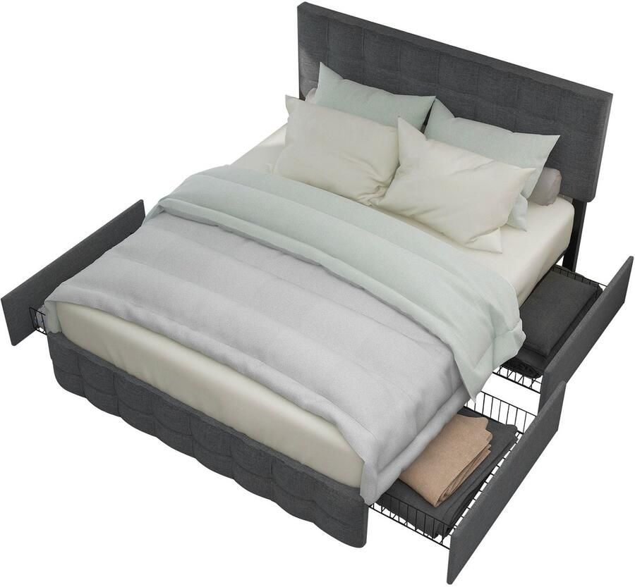 Merax Gestoffeerd Tweepersoonsbed met 4 Opberglades Bed met Verstelbaar Hoofdeinde 140x200 cm Grijs Linnen Metalen Lattenbodem en Opbergruimte