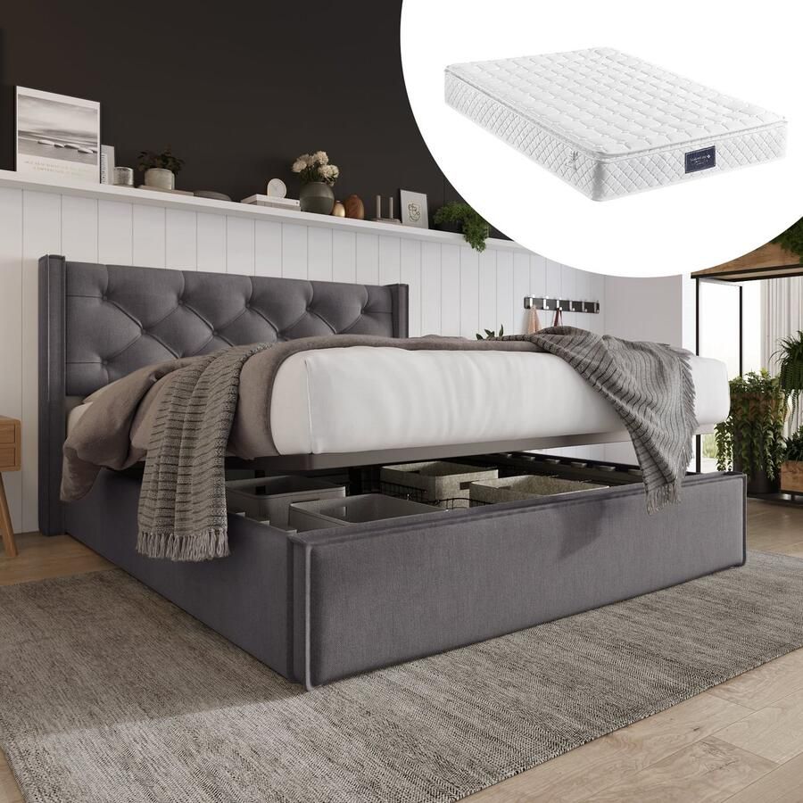 Merax Gestoffeerd Bed met Opbergruimte en Matras – 140x200 cm – Grijs – Inclusief Houten Lattenbodem – Modern Bed met Hoog Hoofdbord en Hydraulisch Systeem - Foto 2