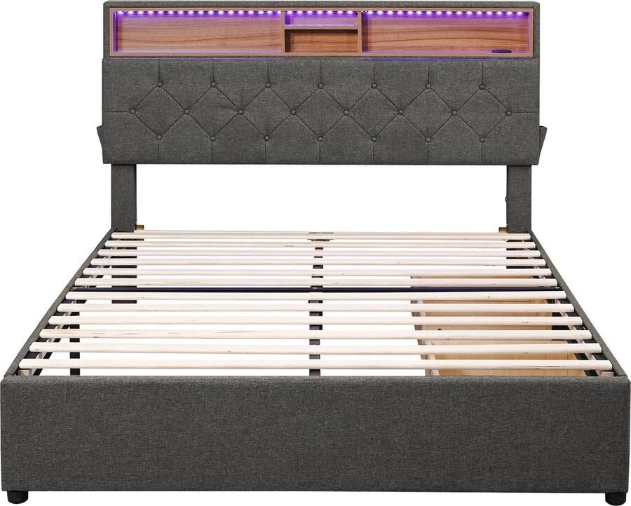 Merax Gestoffeerd Tweepersoonsbed met Opbergruimte 140x200 cm Luxe Bed met USB-Aansluiting en LED-verlichting Functioneel Bed met Twee Laden en Verstelbare Hoofdeinde Grijs - Foto 2