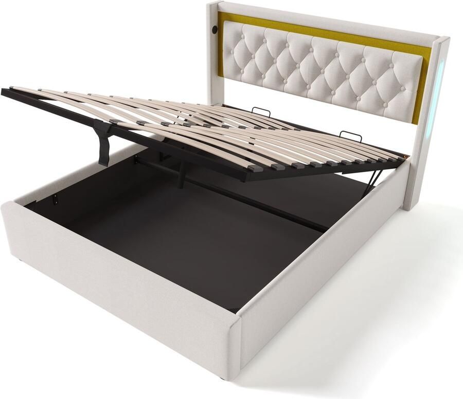 Merax Gestoffeerd Tweepersoonsbed met Opbergruimte en LED-Verlichting Luxe Bed met USB Type-C en Verstelbaar Hoofdbord 160x200 cm Beige