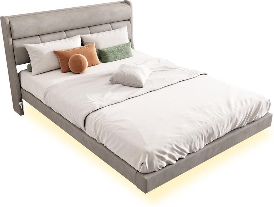 Merax Gestoffeerd Tweepersoonsbed met Sensor Verlichting Luxe Velvet Bed Warm Grijs