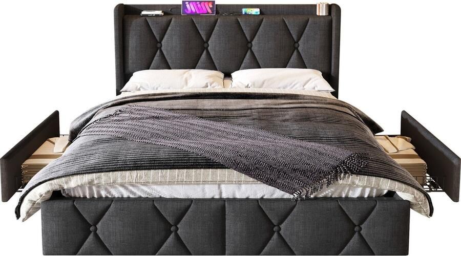 Merax Gestoffeerd Tweepersoonsbed met USB Oplaadfunctie 140x200 cm Bed met 4 Lades Bedframe Grijs - Foto 2