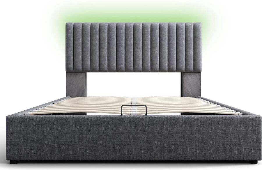 Merax Gestoffeerd Tweepersoonsbed met USB Type-C Aansluiting 160x200 cm Luxe Bed met LED-Verlichting via App Inclusief Opbergruimte en Verstelbaar Hoofdbord Grijs