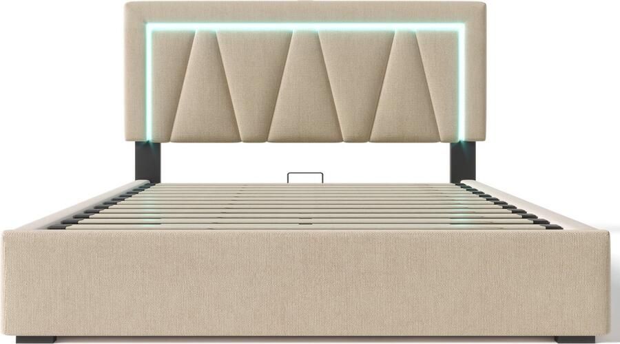 Merax Gestoffeerd Bed 140x200 cm LED Bed met USB Type-C Oplaadfunctie en Verstelbaar Hoofdeinde Met Lattenbodem Beige - Foto 2