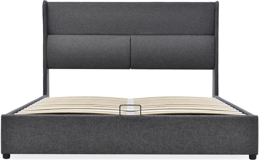 Merax Gestoffeerd Tweepersoonsbed met Verstelbare Hoofdeind 160x200cm Bed met Hydraulische Opbergruimte Bedframe van Linnen Stof Grijs