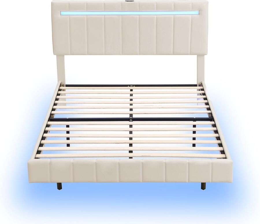 Merax Gestoffeerd Tweepersoonsbed met Zwevend Bedframe 140x200 cm Bed met Hoofdbord en LED-Verlichting Beige