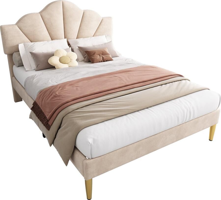 Merax Velours Gestoffeerd Bed – 140x190 cm – Tweepersoonsbed in Schelpvorm met Gouden IJzeren Poten en Verstelbaar Hoofdbord – Houten Lattenbodem – Beige