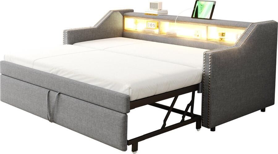 Merax Gestoffeerd Uitschuifbaar Logeerbed 90 180x190 cm met Opbergruimte LED Verlichting USB-aansluiting en Houten Lattenbodem Lichtgrijs