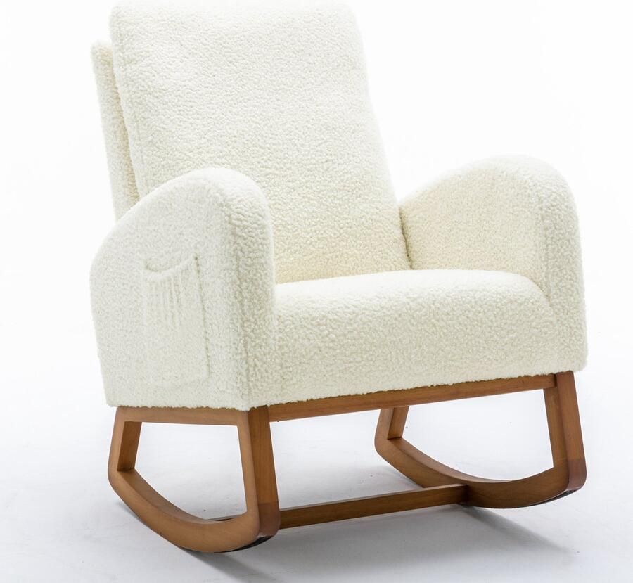 Merax Gestoffeerde Schommelstoel Relaxstoel in Teddy Stof Pluche Stoel Met Zijvak Wit