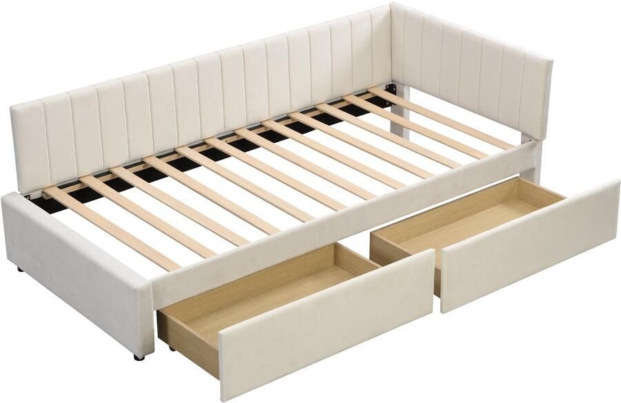 Merax Polsterbett Schlafsofa 90*200 Multifunktionsbett mit 2 großen Stauraumschubladen und Lattenrost hautfreundlicher Samtstoff Beige - Foto 2