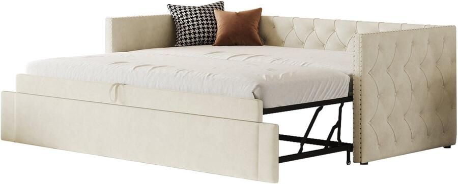 Merax Gestoffeerde Slaapbank 90x200 cm – Fluweel Beige – Multifunctioneel Uitschuifbaar Logeerbed met Houten Lattenbodem