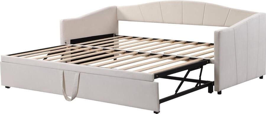 Merax Fluwelen Slaapbank Uitklapbaar Bed 90 180 x 200 cm met Lattenbodem Multifunctioneel Gestoffeerd Bed Beige - Foto 2