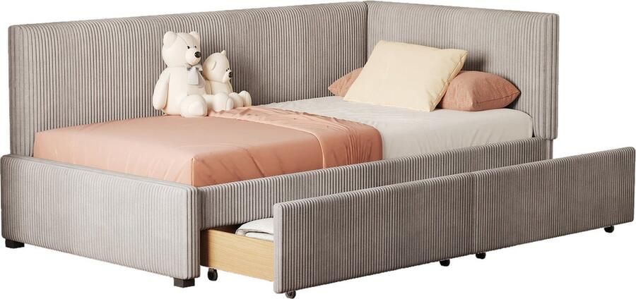 Merax Gestoffeerd Bed Slaapbank 90x200 cm Multifunctioneel Bed met 2 Grote Opberglades en Lattenbodem Velours Stof Grijs