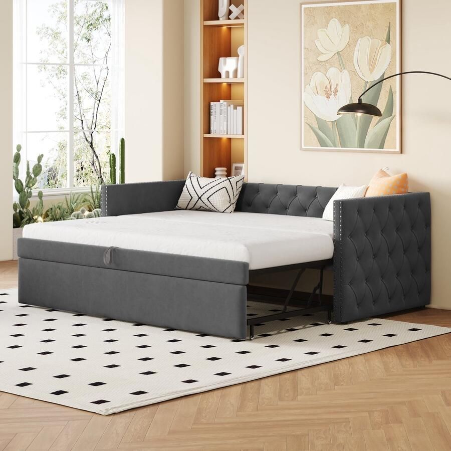 Merax Polsterbett Ausziehbares Schlafsofa 90*200 cm Klassische Vollform mit Knöpfen Mit Lattenrost Multifunktionales Bett-Gästebett Hautfreundlicher Samtstoff Grau (Matratze nicht enthalten)