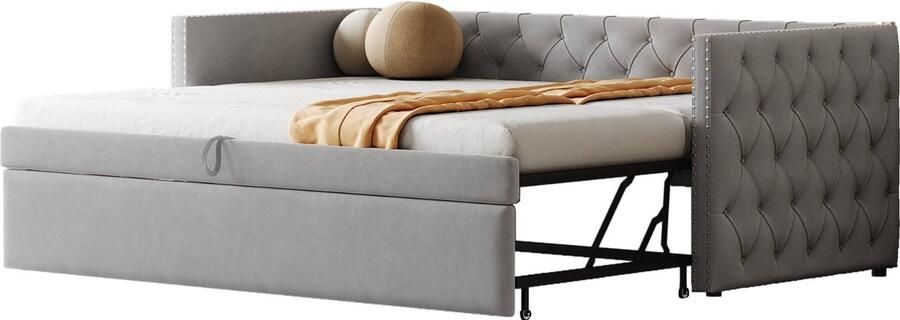 Merax Uitklapbaar Slaapbankbed 90x200 cm – Gestoffeerd Logeerbed met Lattenbodem Multifunctioneel Sofa-Bed van Zacht Fluweel Lichtgrijs (Matratras niet inbegrepen)