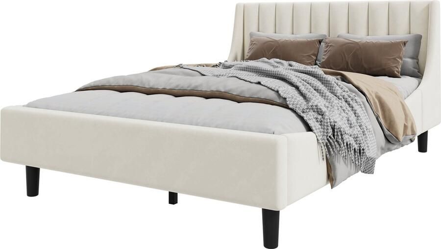 Merax Gestoffeerd Tweepersoonsbed 140 x 200 cm Velvet Bed met Lattenbodem (zonder matras) Minimalistisch Beige