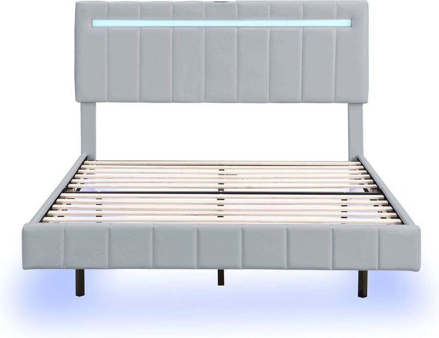 Merax gevoerd bed 160x200 cm – grijs gestoffeerd zwevend bedframe met LED-verlichting en hoofdbord