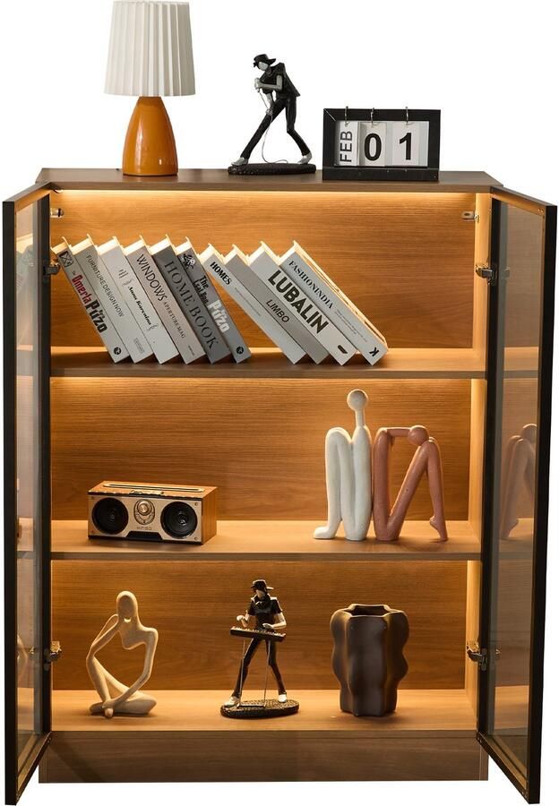 Merax Glazen vitrine met verlichting zwart Verzamelvitrine glazen kast staand met 3-laagse planken Woonkamerkast 106x32x80 cm