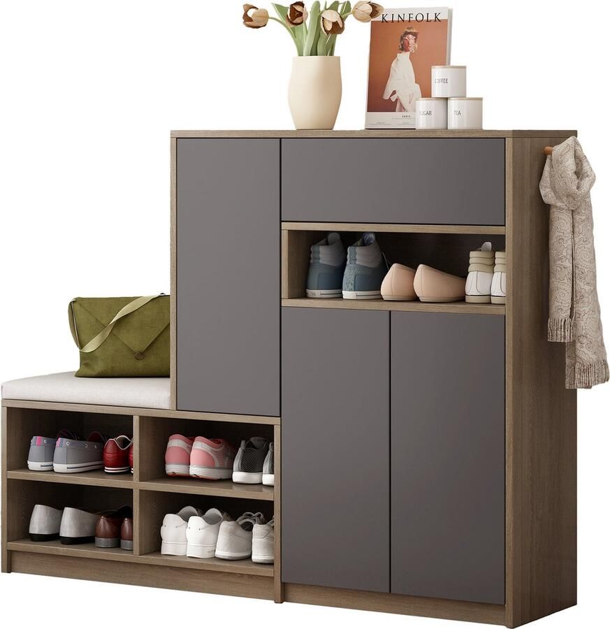 Merax Grijze Schoenenbank en Schoenrek met Kussen – Multifunctioneel Schoenenopbergsysteem met Verstelbare Planken voor de Gang 140x35x110 cm