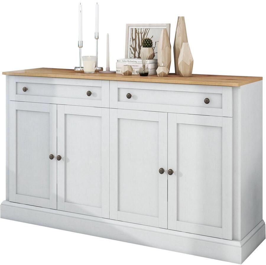 Merax Groot Dressoir met 4 Deuren en 2 Lades – Buffetkast in Antiekwit en Natuurhout voor Woonkamer of Eetkamer – 150x40x86 cm