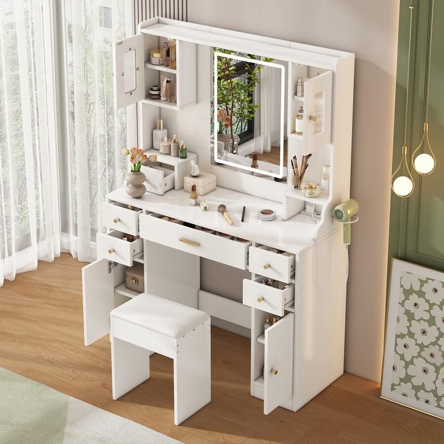 Merax Grote kaptafel met verstelbare LED-verlichting en stopcontacten met spiegel 6 lades en 4 slaapkamerdeuren wit 105×152×40 cm