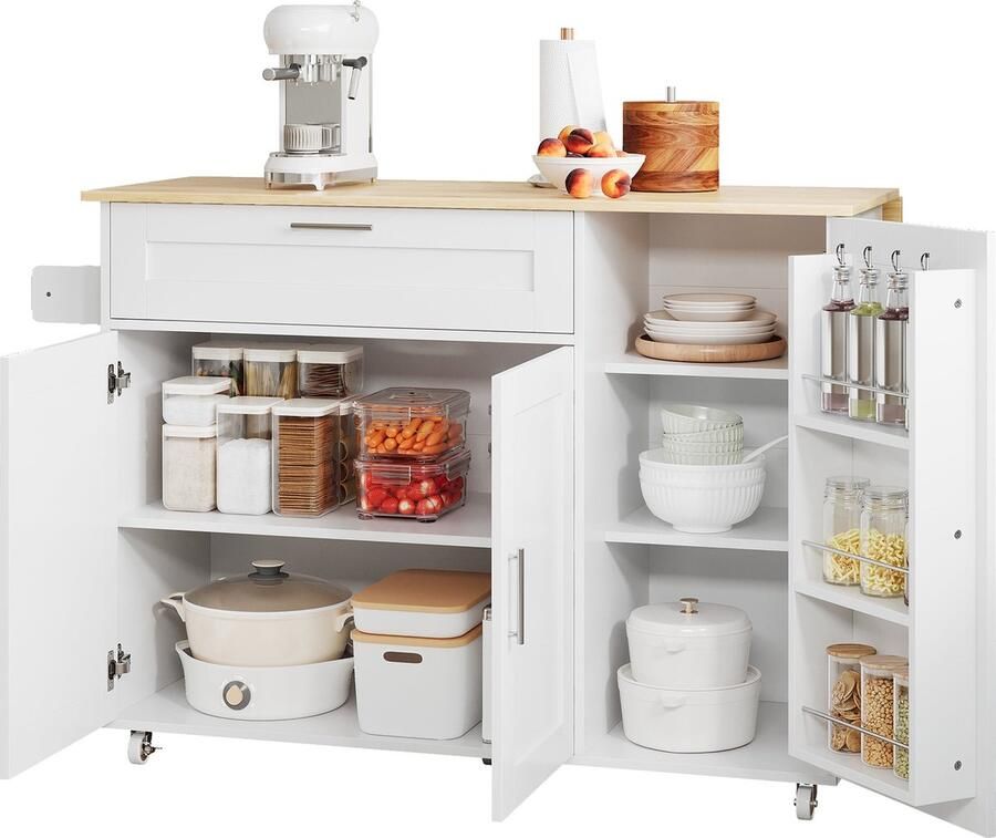 Merax Grote Mobiele Keukentrolley met Uitklapbare Eikenhouten Werkblad 5 Wielen Handdoekhouder en Opbergruimte – Wit met Bruin – 132.5x44(70)x90 cm - Foto 4