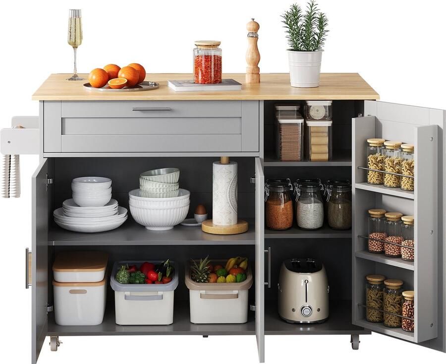 Merax Grote Mobiele Keukentrolley met Uitklapbare Eikenhouten Werkblad 5 Wielen Handdoekhouder en Opbergruimte – 132.5x44(70)x90 cm