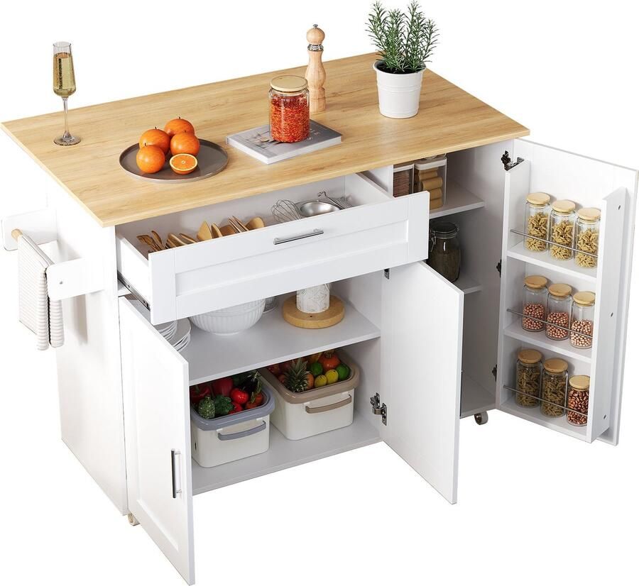 Merax Grote Mobiele Keukentrolley met Uitklapbare Eikenhouten Werkblad 5 Wielen Handdoekhouder en Opbergruimte – Wit met Bruin – 132.5x44(70)x90 cm - Foto 3