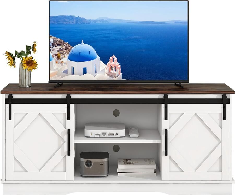 Merax Großer TV-Schrank TV Stand Sideboard Entertainment Center mit 2 klassischen Schiebetüren Einstellbare Regale für Wohnzimmer Esszimmer Landhaus Modernes Design 150*40*60cm