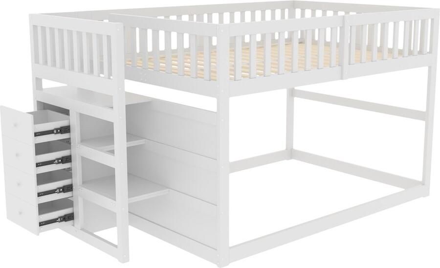 Merax Laag Stapelbed 140 x 200 cm Kinderbed Hoogslaper met Opbergruimte Houten Bed voor Kinderen Wit