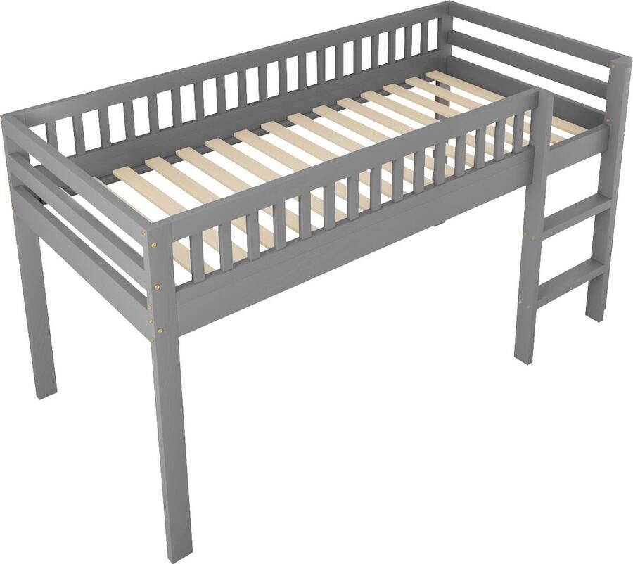Merax Half Hoogslaper 90x200 cm Bed voor Kinderen Massief Houten Kinderbed met Uitvalbeveiliging Grijs