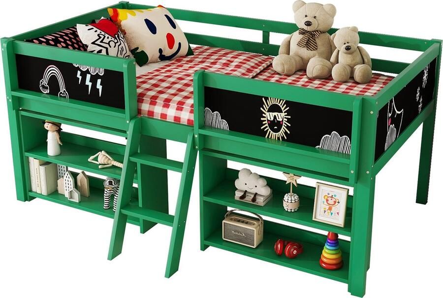 Merax Half Hoogslaper 90x200 cm – Groen – Kinderbed met Opbergvakken en Tekenbord – Eenpersoonsbed met Veiligheidshek