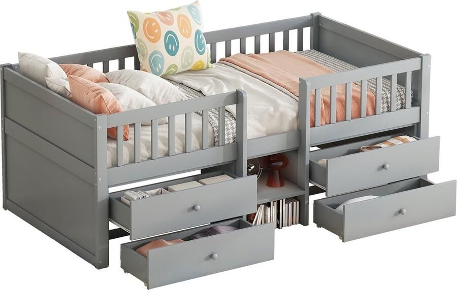 Merax [ niet compleet] Halbhohes Bett 90*200cm 4 Schubladen Geländer Leiter Kiefernholz Ohne Matratze Minimalistischer Stil Grau - Foto 2