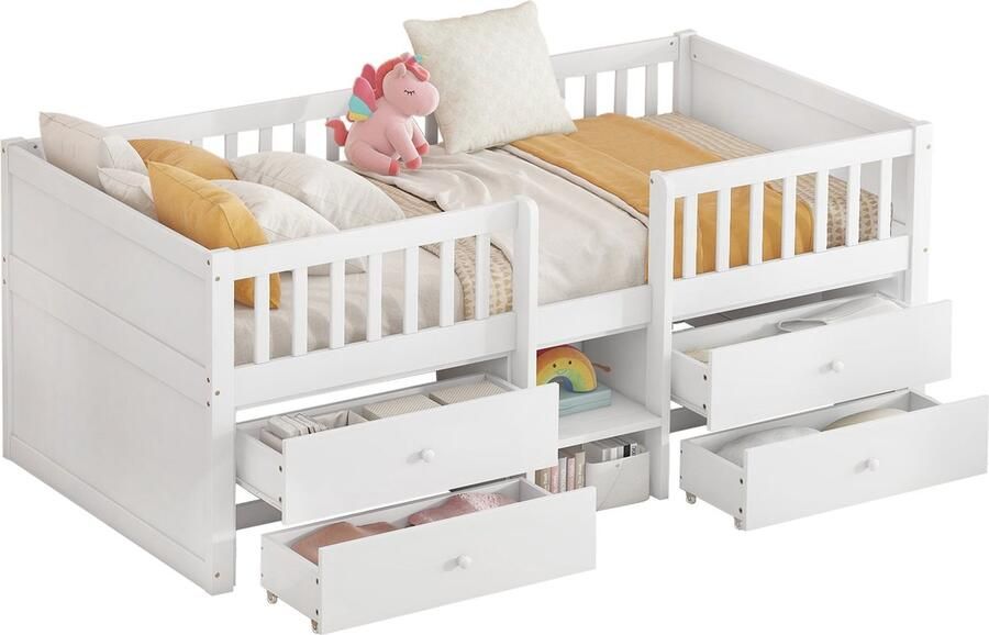 Merax [ niet compleet] Halbhohes Bett 90*200cm 4 Schubladen Geländer Leiter Kiefernholz Ohne Matratze Minimalistischer Stil Weiß - Foto 2