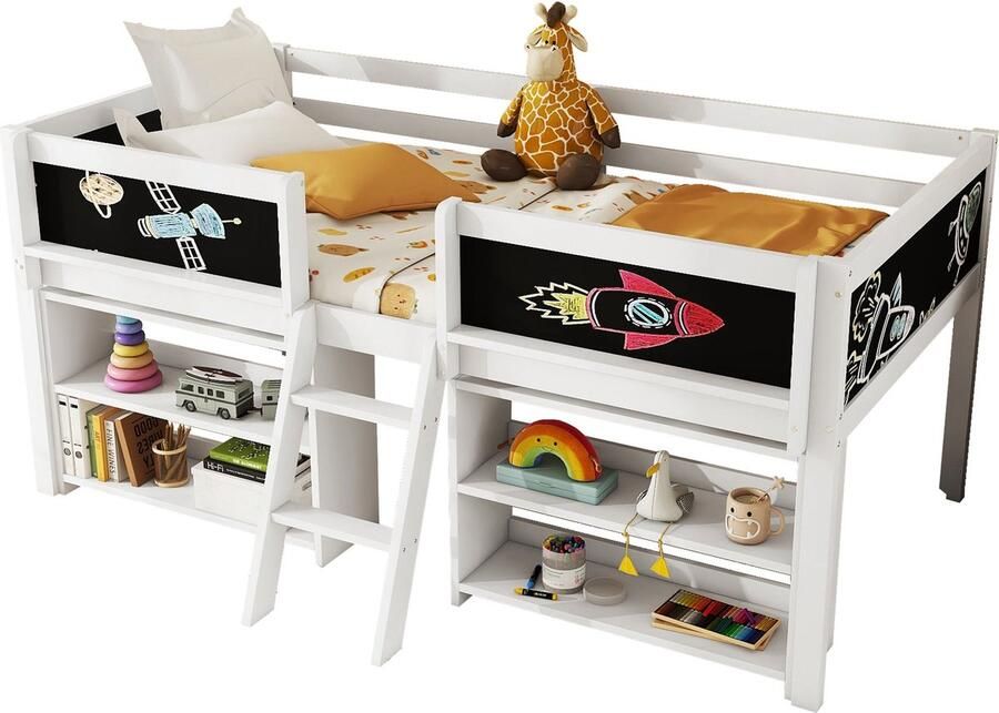 Merax [ niet compleet] Halbhohes Bett 90*200cm Mehrere Einlegeböden zur Aufbewahrung Geländer Leiter Kiefernholz Ohne Matratze Minimalistischer Stil Weiß - Foto 2