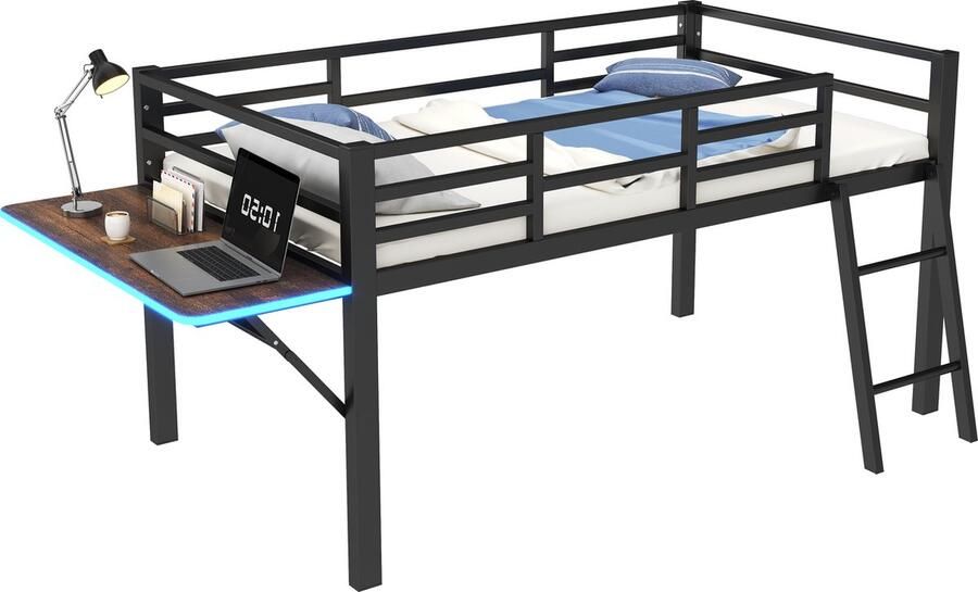 Merax Half Hoogslaper Bed 90x200 cm Metalen Bed met Bureau Eenpersoonsbed met LED Verlichting via Afstandsbediening Inclusief Veiligheidsrails en Ladder Zwart