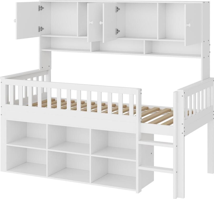 Merax Half Hoogslaper Kinderbed 90x200 cm Houten Bed met Ruime Opbergruimte en Ladder Wit