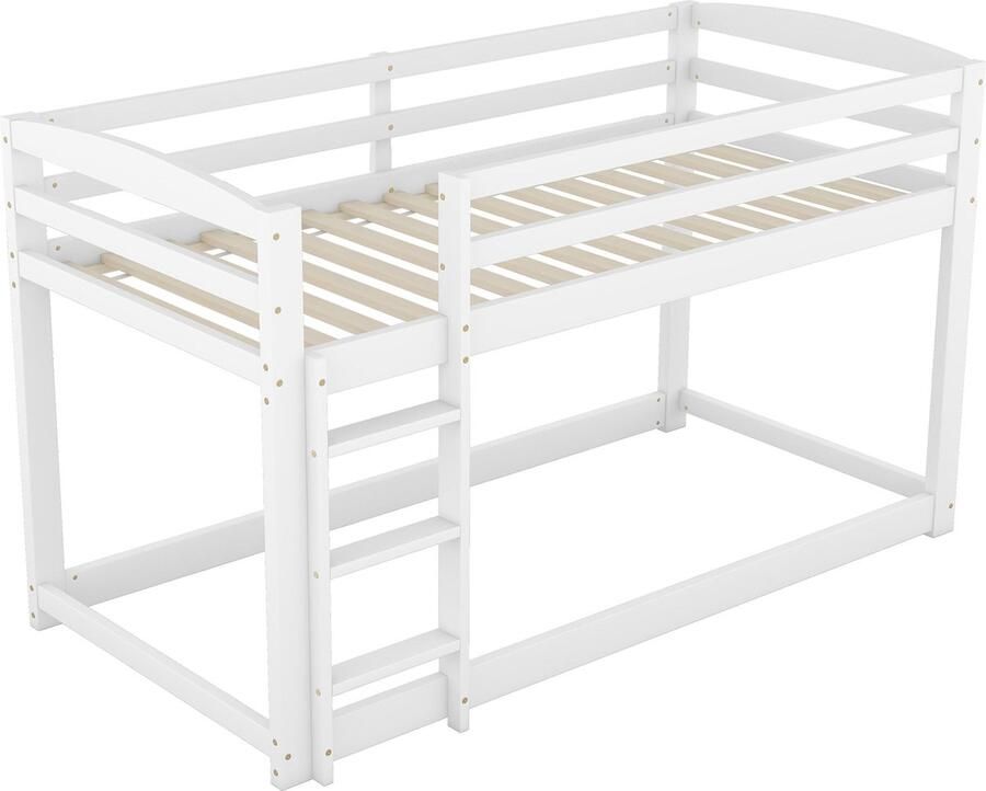 Merax Kinderbed Stapelbed Stevig Houten Frame van Massief Grenen Wit 90x200cm Laag Profiel voor Veilige Slaapervaring Inclusief Lattenbodem