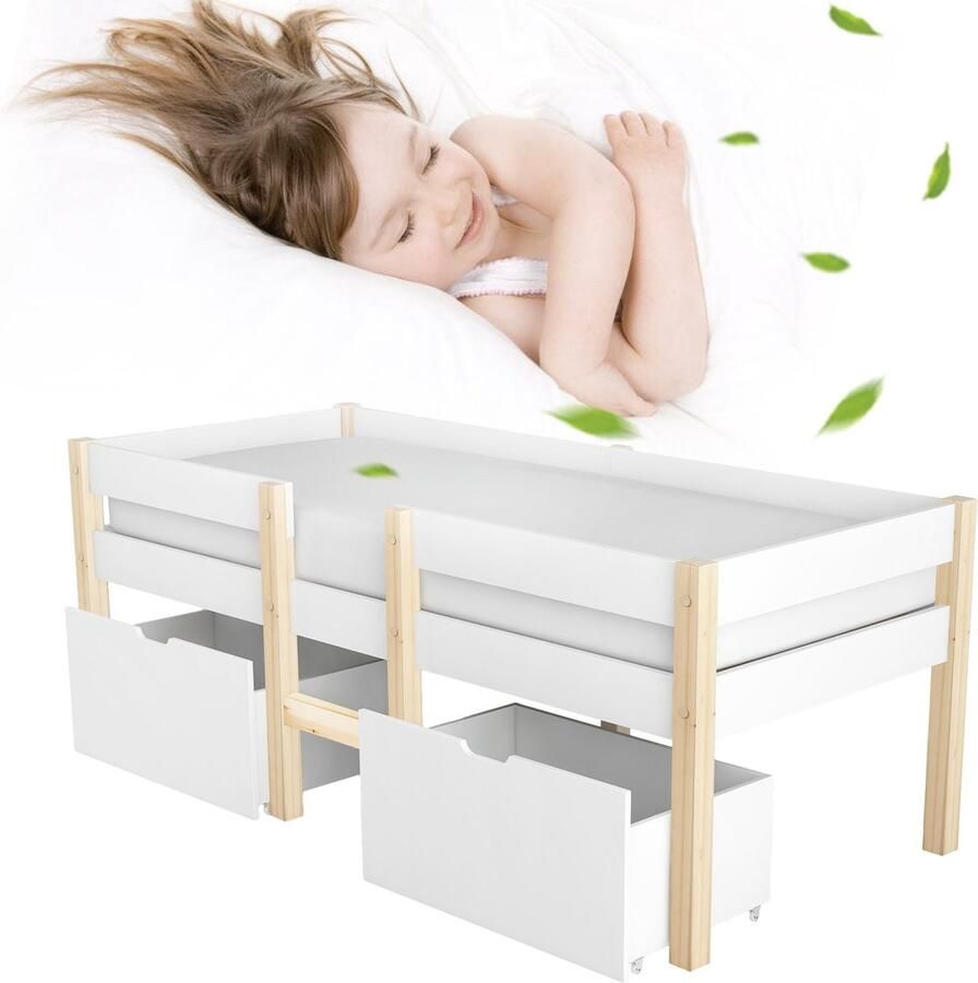 Merax Half Hoogslaper met Uitvalbeveiliging 90x200 cm Kinderbed met 2 Lades Wit met Eiken Bruin