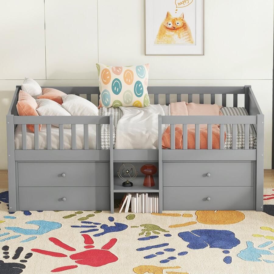 Merax Halfhoogslaper 90x200 cm 4 lades leuning ladder dennenhout zonder matras grijs