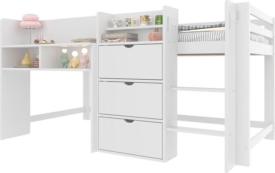 Merax Halfhoogslaper 90x200 cm Huisvorm Opbergruimte Entertainmentruimte Wit